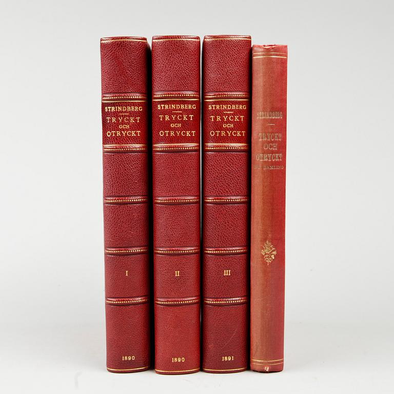 BOK, 3+1 vol, "Tryckt och otryckt" I-III resp "Tryckt och otryckt, ny samling", av August Strindberg, Stockholm 1890-91 resp 1897.