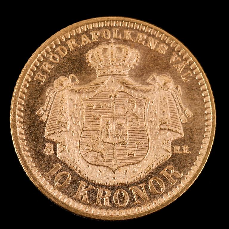 GULDMYNT, 10 kronor, Oscar II, 1894.  Vikt ca 5 gram.