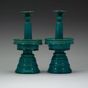 A pair of tukoise glazed alatar sticks, Qing dynasty, 19th Century.