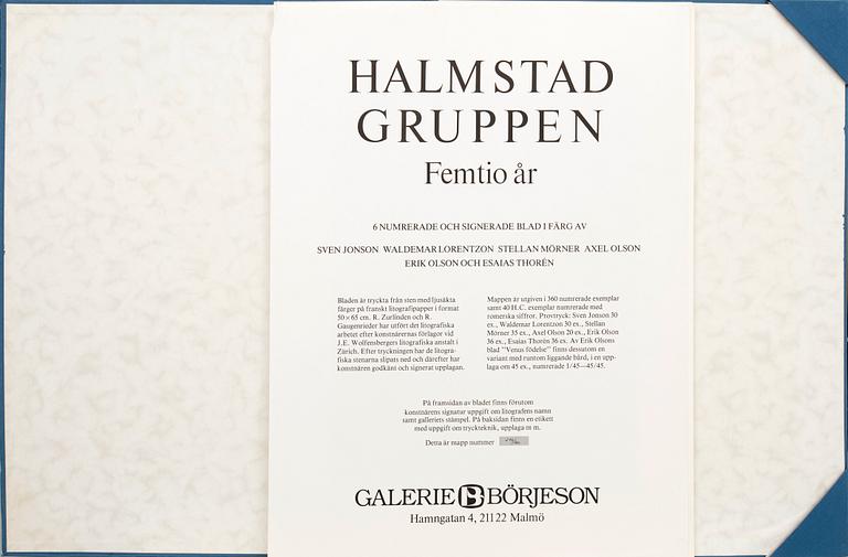 Halmstadgruppen femtio år, mapp,  med 6 färglitografier, signerade och numrerade 276/360.