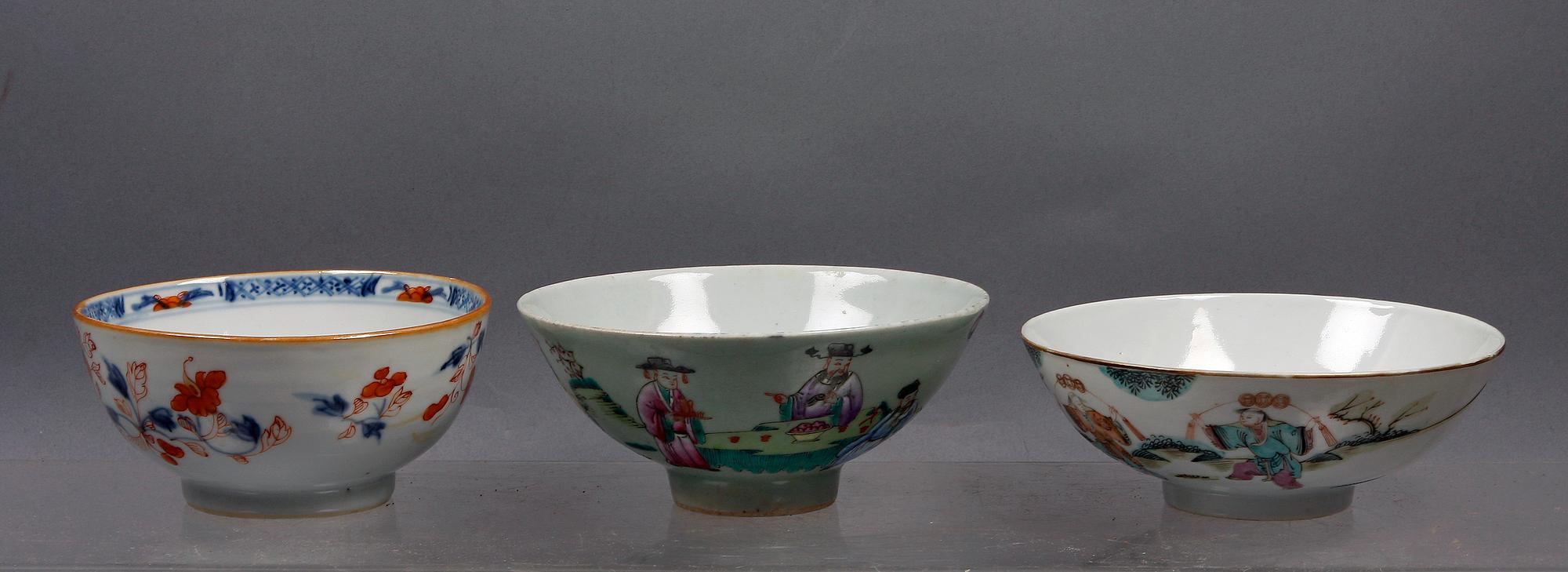 SKÅLAR, 3 st. Porslin, Kina, 1700/1800-tal.