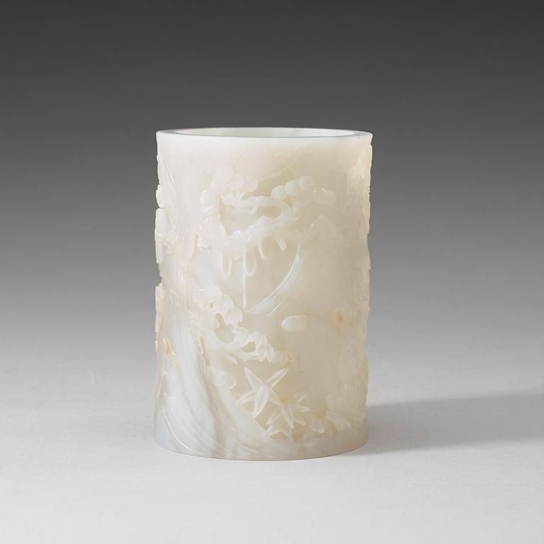 A finely carved Chinese calcite brush pot, late Qing dynasty (1664-1912).