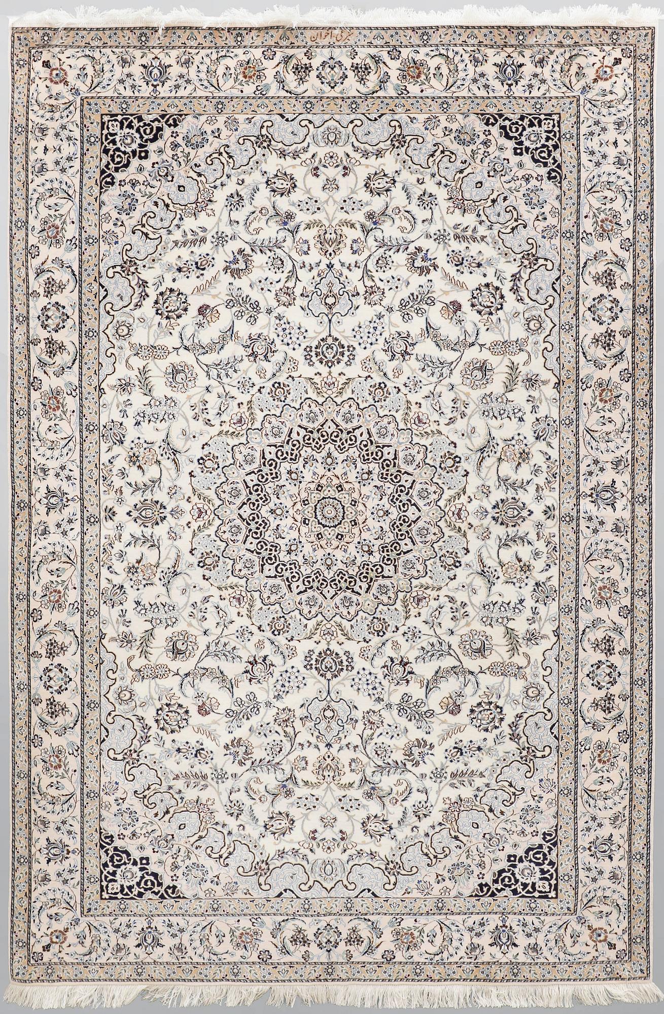 A part silk Nain carpet, so called 6 LAA, signed Akhavan, c 240 x 154 cm.
