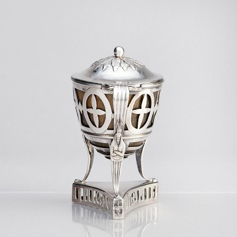 A Swedish silver Mustard Pot with lid, mark of Johan Abraham Hallard, Stockholm 1794.