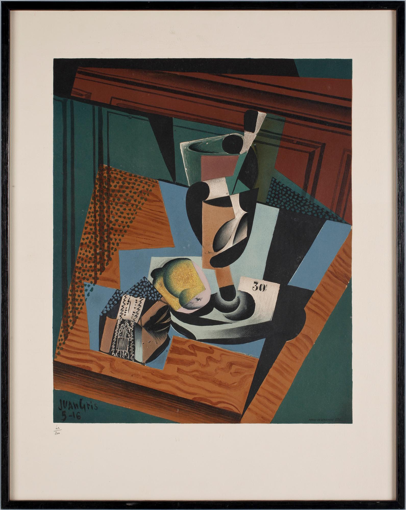 JUAN GRIS, efter, färglitografi. Sign o trycket. Numr 43/200. Märkt Henri Deschamps litho.