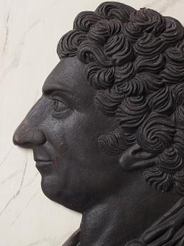 A cast iron portrait depicting the Swedish king Karl XIV Johan, 1818-44.