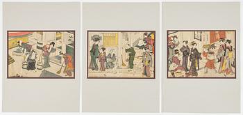 Utagawa Toyokuni I, after, twelve woodblock prints from 'Ehon imayō sugata', volume I, early 20th century.