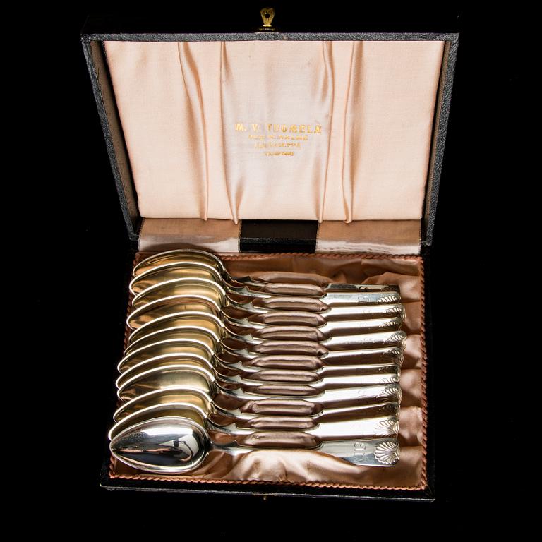 MATSKEDAR, 12 ST, TESKEDAR 12+10+7, silver, Finland 1920-30-tal, vikt 819 g.
