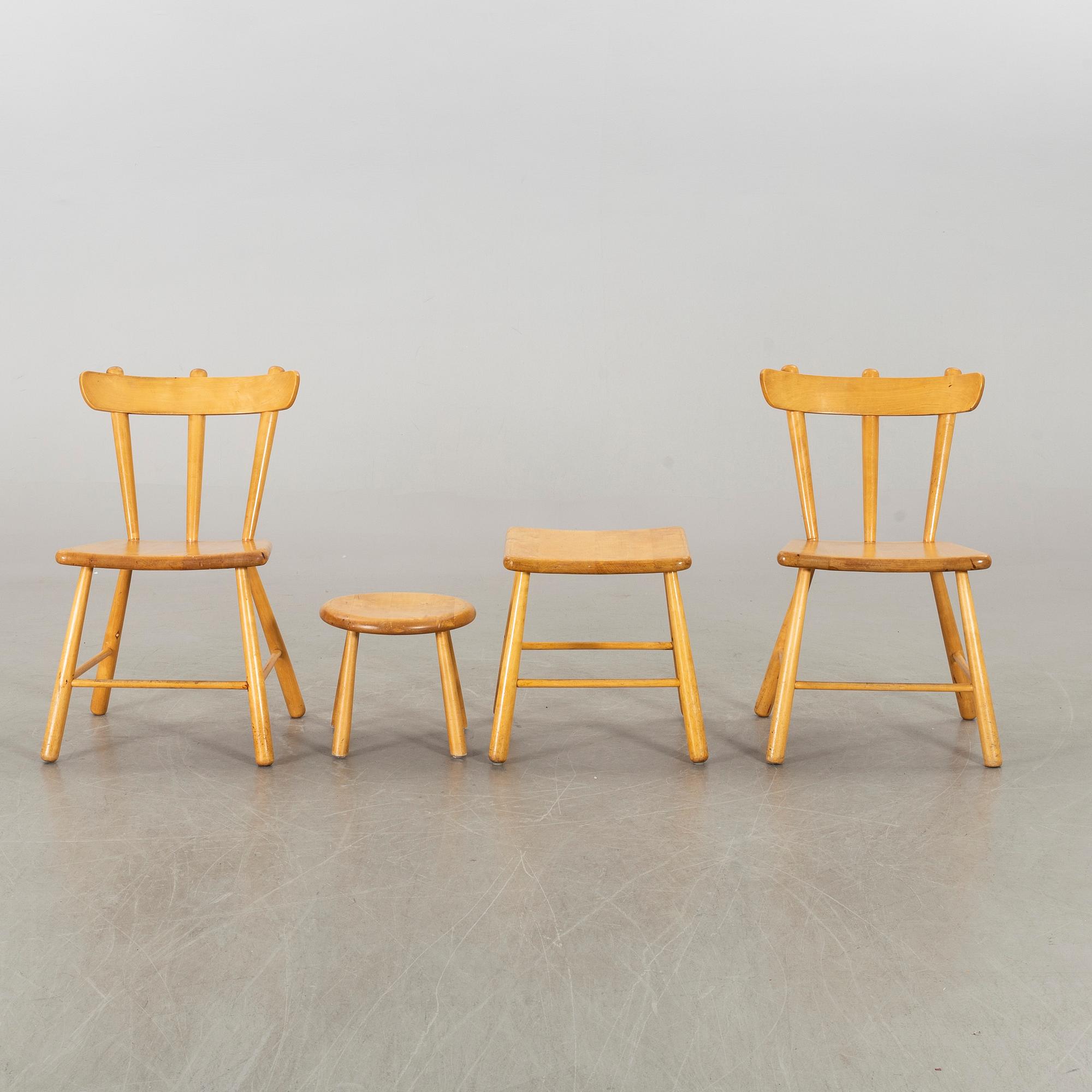 A SET OF TABLE, CHAIRS AND STOOLS, mid/second half of 20th century.