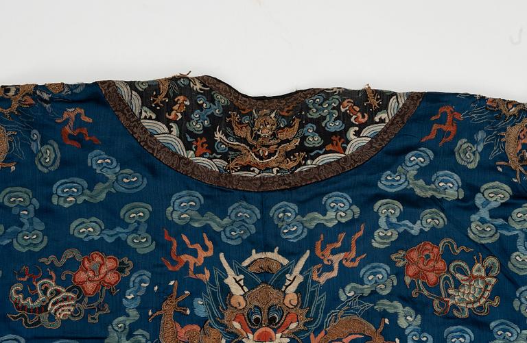 A Chinese embroidered silk robe, Qing dynasty, 19th Century.