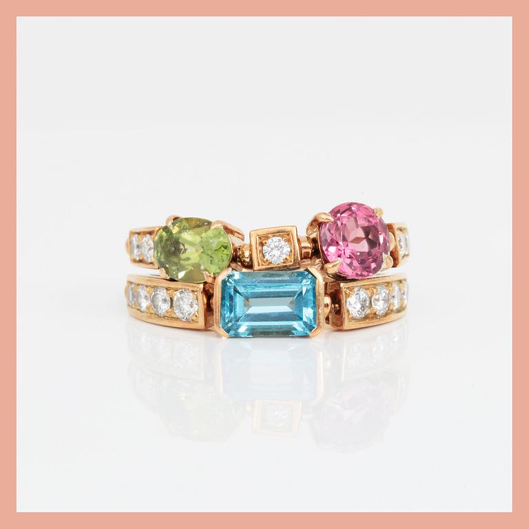 RING, 18K guld med olika färgade stenar, 'Allegra', Bulgari, Italien. Total vikt ca 7,56 g.