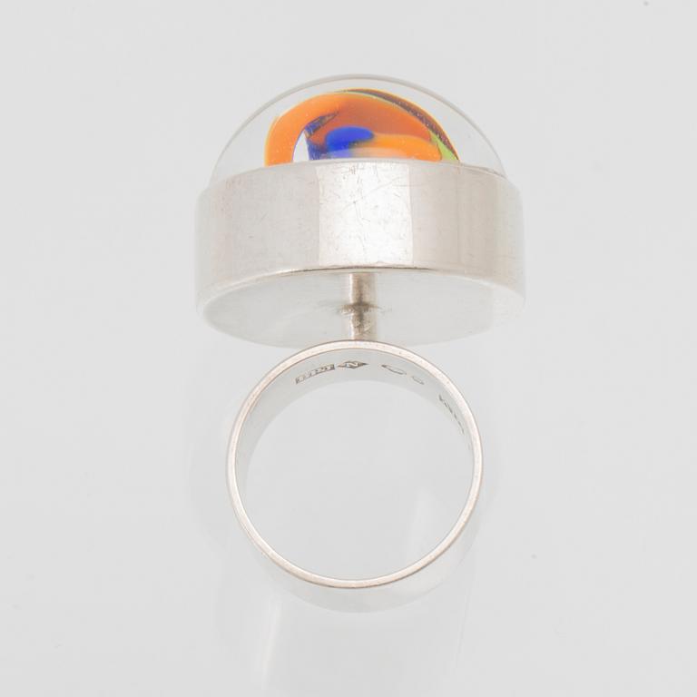 Berit Johansson, silver and glass ring, Orrefors 1975.