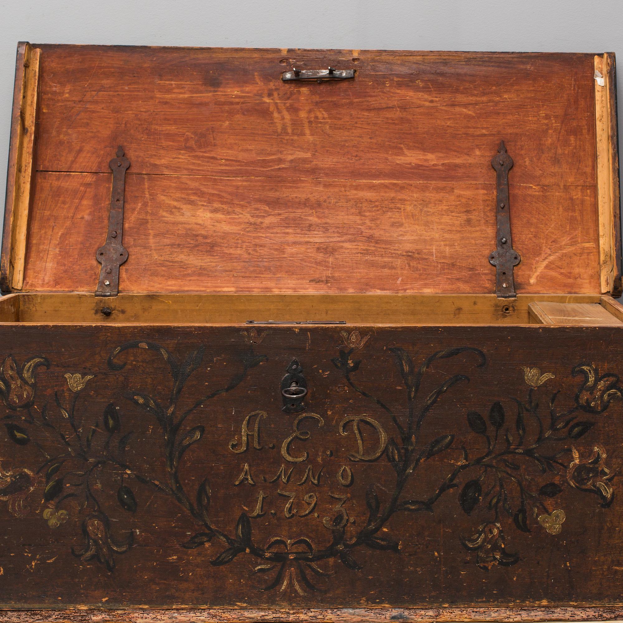 a Swedish folk art chest with the letters A.E.D and dated 1793.