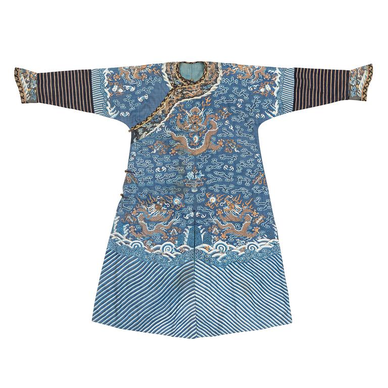 A five clawed dragon kesi robe on blue ground, Jifu, Qing dynasty, 19th Century.