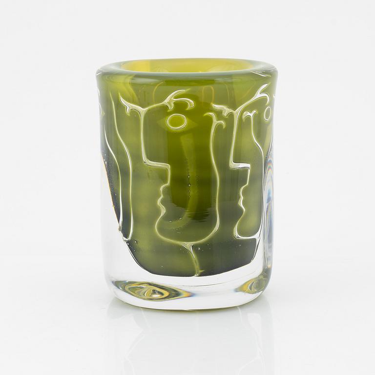 Ingeborg Lundin, a green ariel vase "Ansikten" (Faces), Orrefors, Sweden 1986.