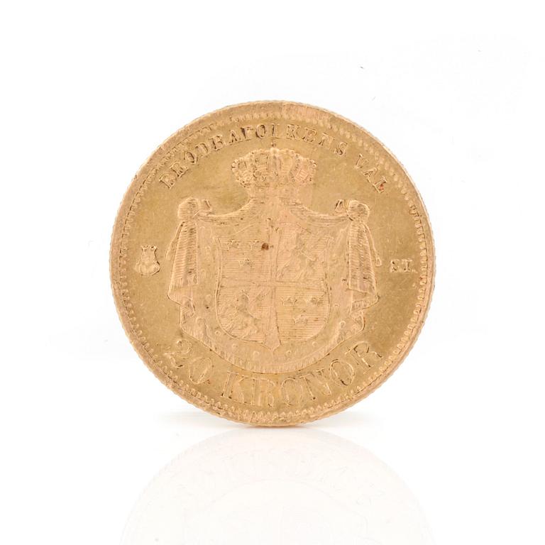 GULDMYNT, 20 kronor, Oscar II av Sverige och Norge, 1875. Vikt 9 gram.