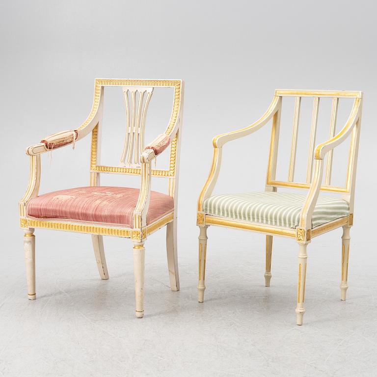 Karmstolar, 2+1 st, sengustavianska, omkring år 1800.