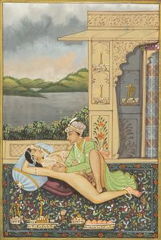 Unidentified artist, Erotic scenes in palace settings, India, 20th century. Four pieces.