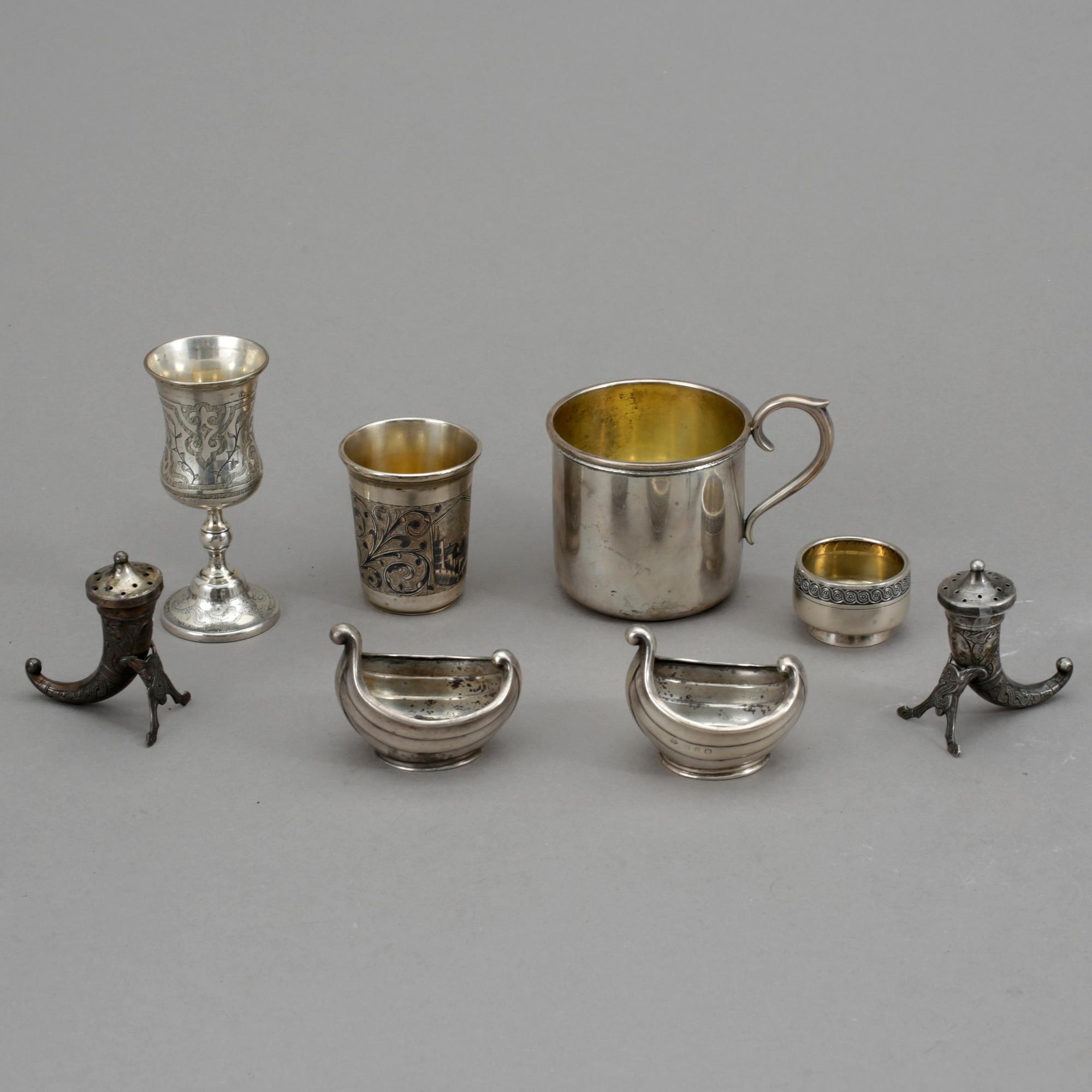 PARTI SILVER, 8 delar, bla Ryssland, sent 1800-tal till 1900-talets andra hälft. Vikt tot ca 307 gram.