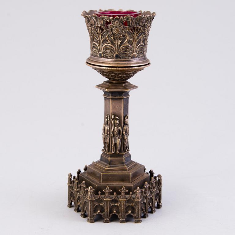 OIL LAMP, gothique style, late 19th century, silvered bronze with red glas holder.