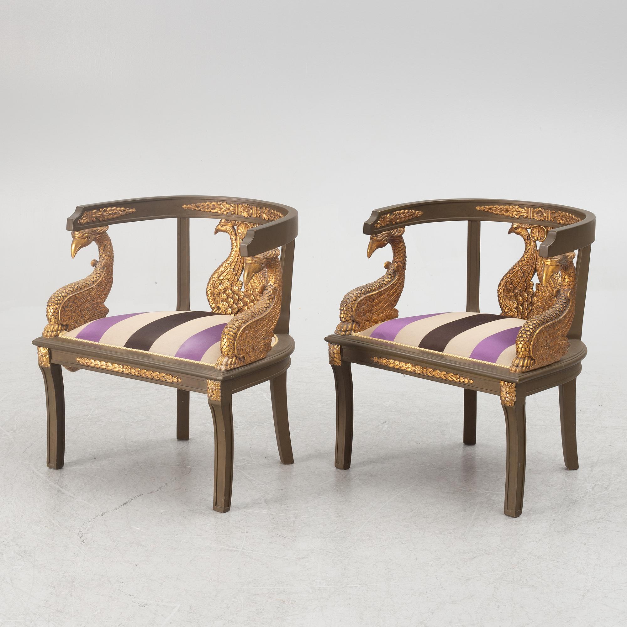 A pair of chairs and a side table, second half of the 20th century. Empire style.