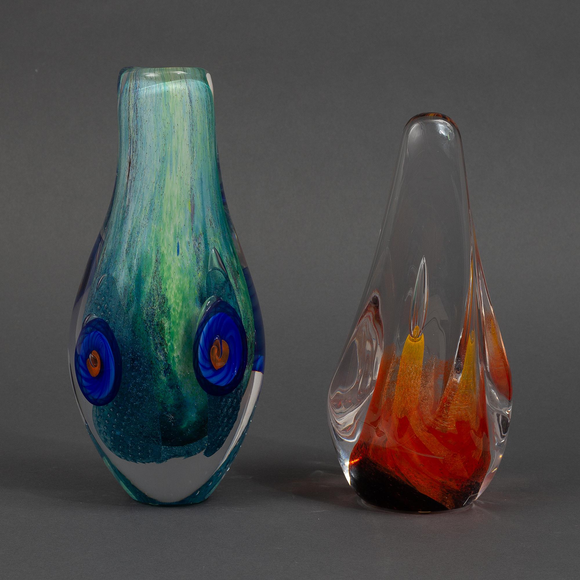 Monica Backström, two glass sculptures, 'Vatten' and 'Eld' from the series 'De fyra elementen', Kosta Boda.