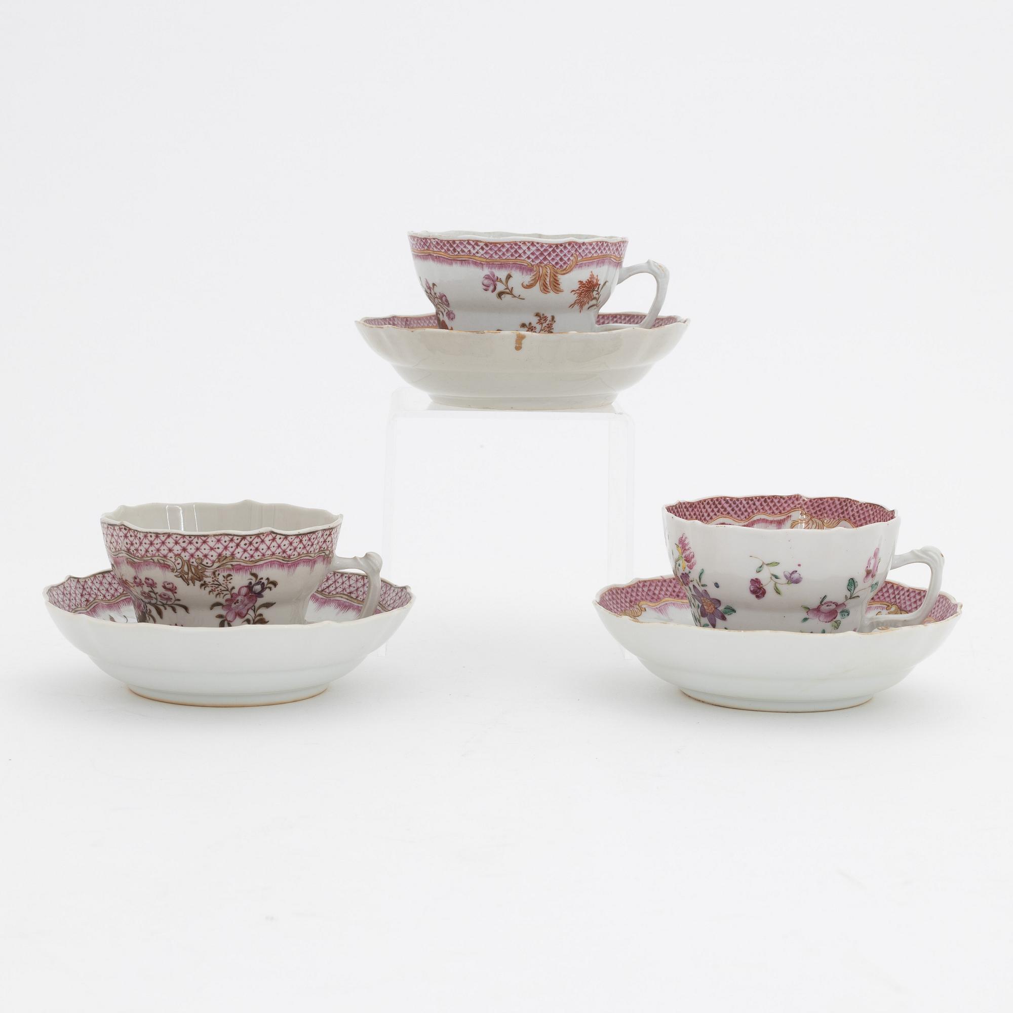 A set of three famille rose cups with saucers, Qing dynasty, Qianlong (1736-95).