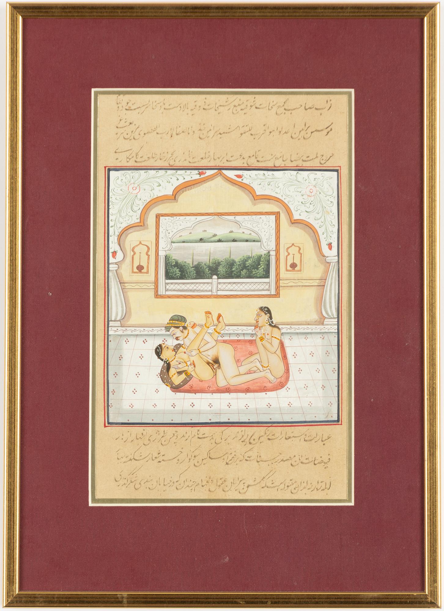 Oidentifierad konstnär, Erotiska scener i interiörer, Indien, 1900-tal. Två stycken.