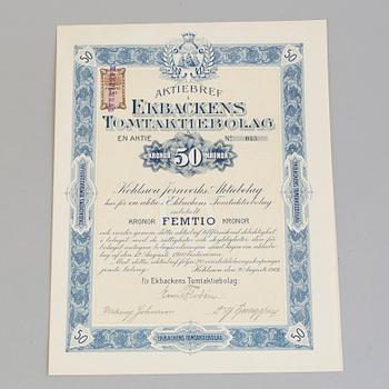 AKTIEBREV, sju stycken, Ekbackens Tomtaktiebolag, Kohlswa 1912.