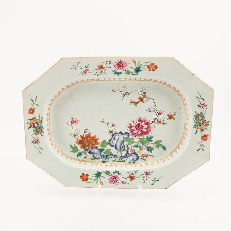 A Chinese famille rose tureen with cover and plate later part of the 18th century.