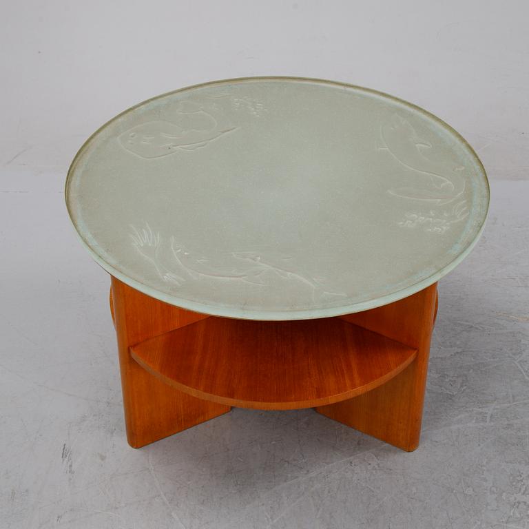 Bo Notini, a Swedish Modern elm veneered and etched glass coffee table from Glössner & Co, 1940's.