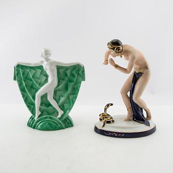 Figurines 4 pcs including Royal Dux and Wallendorf Germany mid-20th century porcelain.