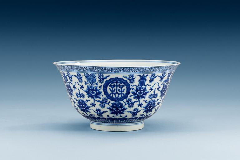 A blue and white 'Shou' bowl, Qing dynasty, mark and period of Qianlong (1736-95).