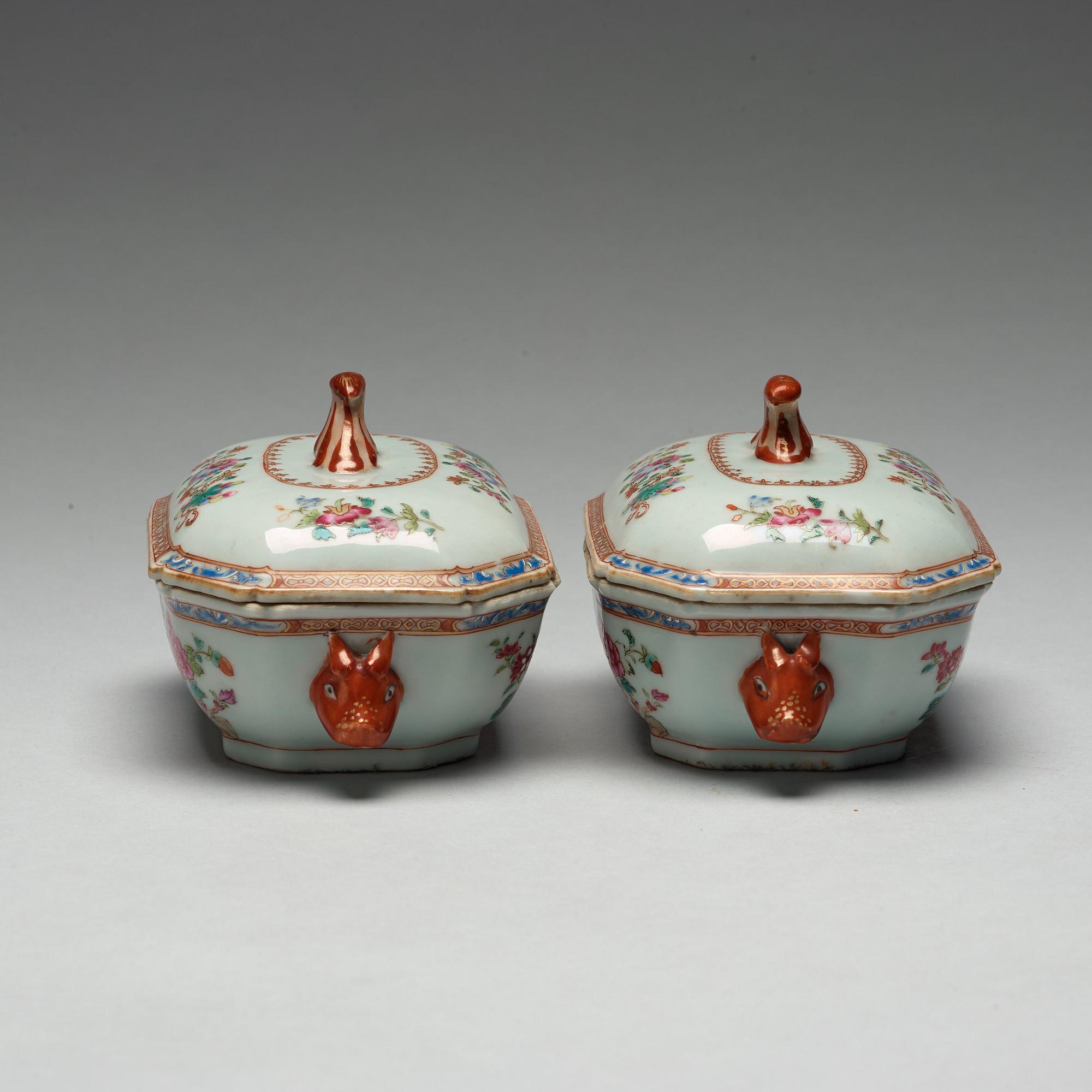A pair of famille rose 'double peacock' tureens with cover and stands, Qing dynasty, Qianlong (1736-95).