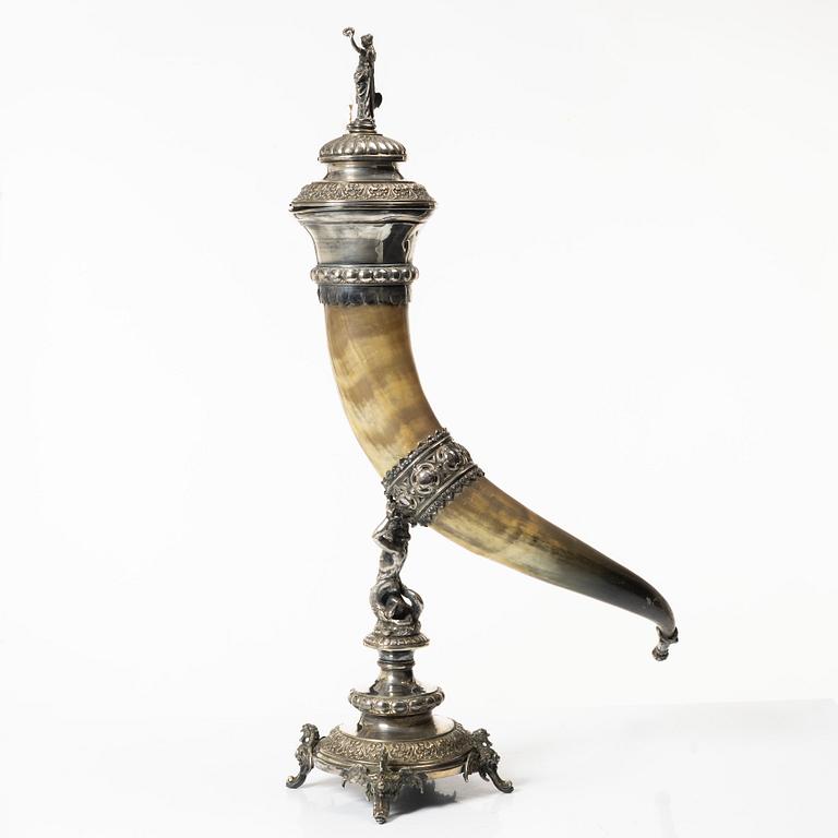 Drinking horn, silver plate, GAB, Stockholm early 20th century.