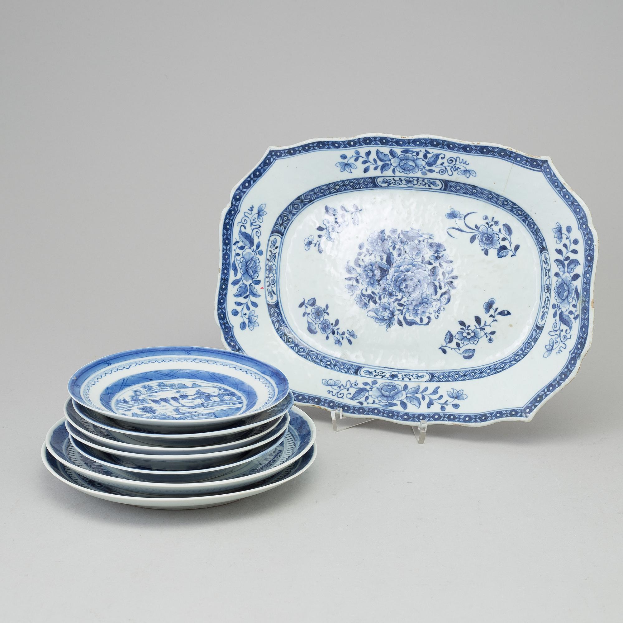 A Qianlong porcelain platter and seven 19th century dishes, Qing dynasty.