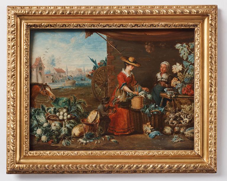 Pieter Angellis Attributed to, Market scenes after Frans Snyders; ”Der Obstmarkt”, ”Der Gemüsemarkt”, ”Der Wildbrethändler”, ”Der Fischmarkt”.