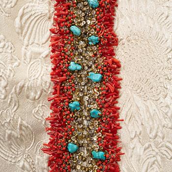 Balenciaga, a silk dress with turquoises and coral, size 36.