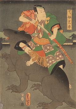 Utagawa Kunisada, "Yakusha-e" (Kabuki actor and a Giant rat).