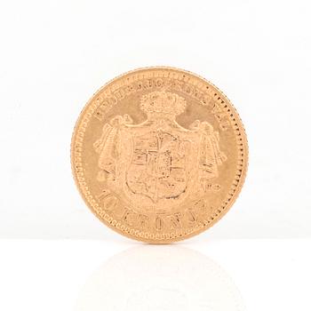 GULDMYNT, 10 kronor, Oscar II av Sverige och Norge 1876. Vikt ca 4,5 gram.