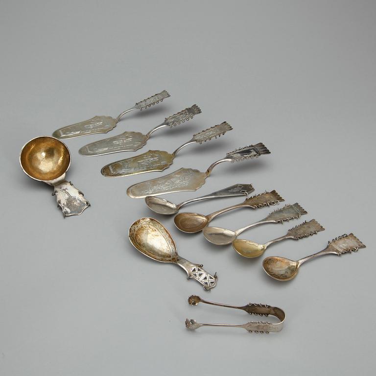 PARTI SAMESILVER, 12 delar, olika mästare och städer. Merparten 1930/40-tal. Total vikt ca 485 gram.