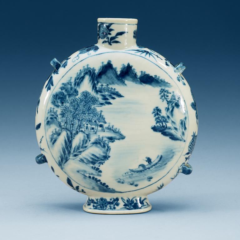 A blue and white moon flask, with a landscape and poem, Qing dynasty, 19th Century.