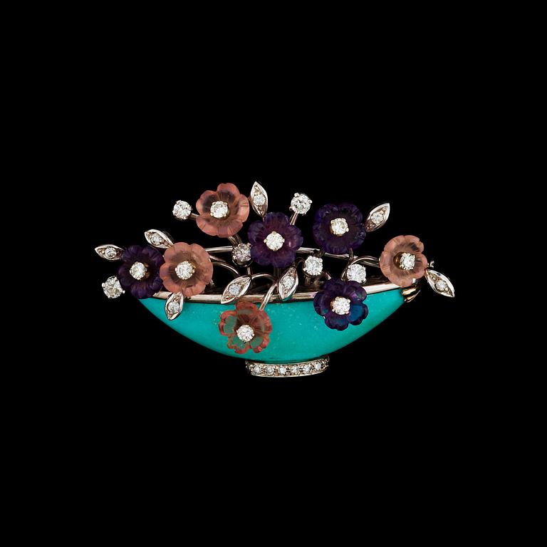 A turquoise, agate and brilliant cut diamond brooch.