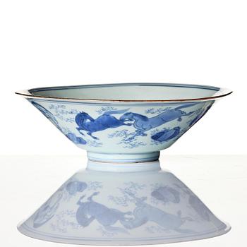 A blue and white 'eight horses of Muwang' bowl, Qing dynasty, Shunzhi period, mid 17th century.