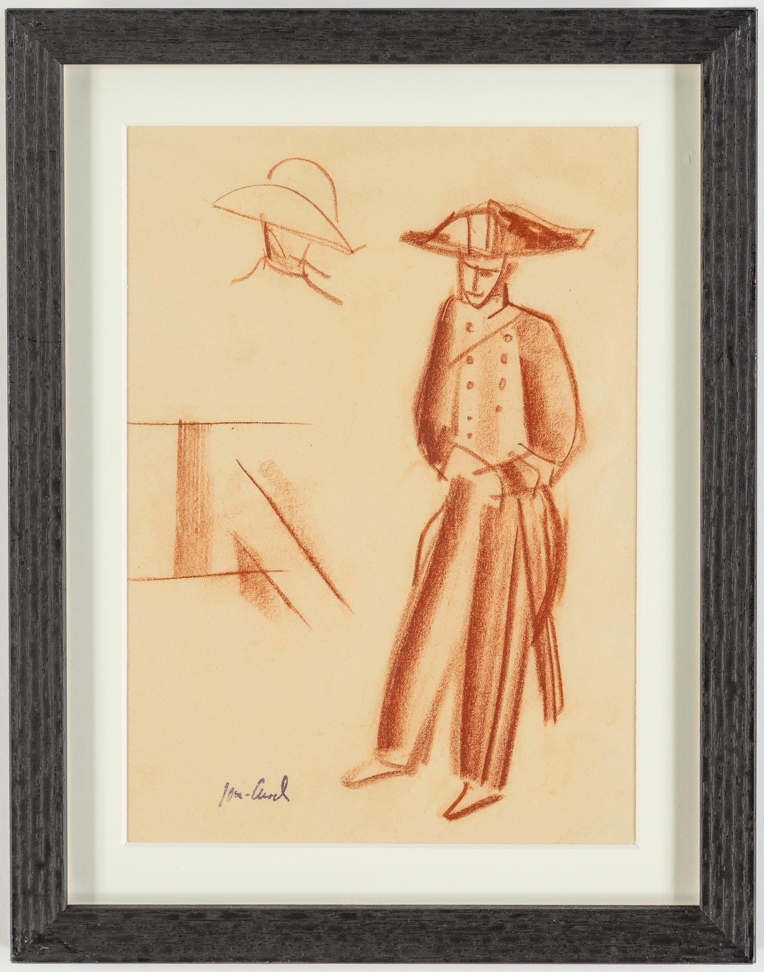 JOHN JON-AND, 2 works, ink and red crayon on paper, one signed, one signed with stamp.