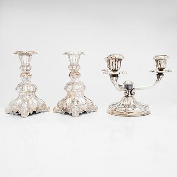 A mid-20th century silver candelabra and two candlesticks.