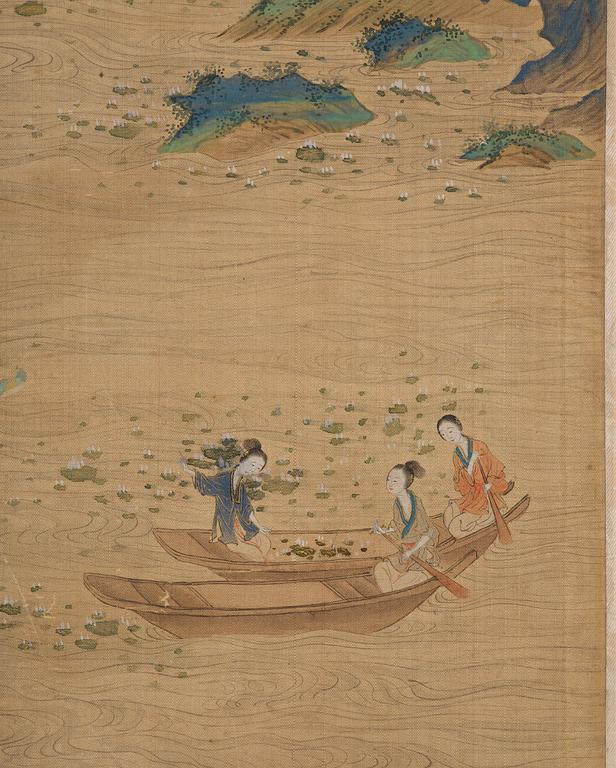 A Chinese scroll painting, ink and colour on silk, late Qing dynasty after Qiu Ying.