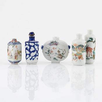 Five porcelain snuffbottles, China, 19th-20th century.