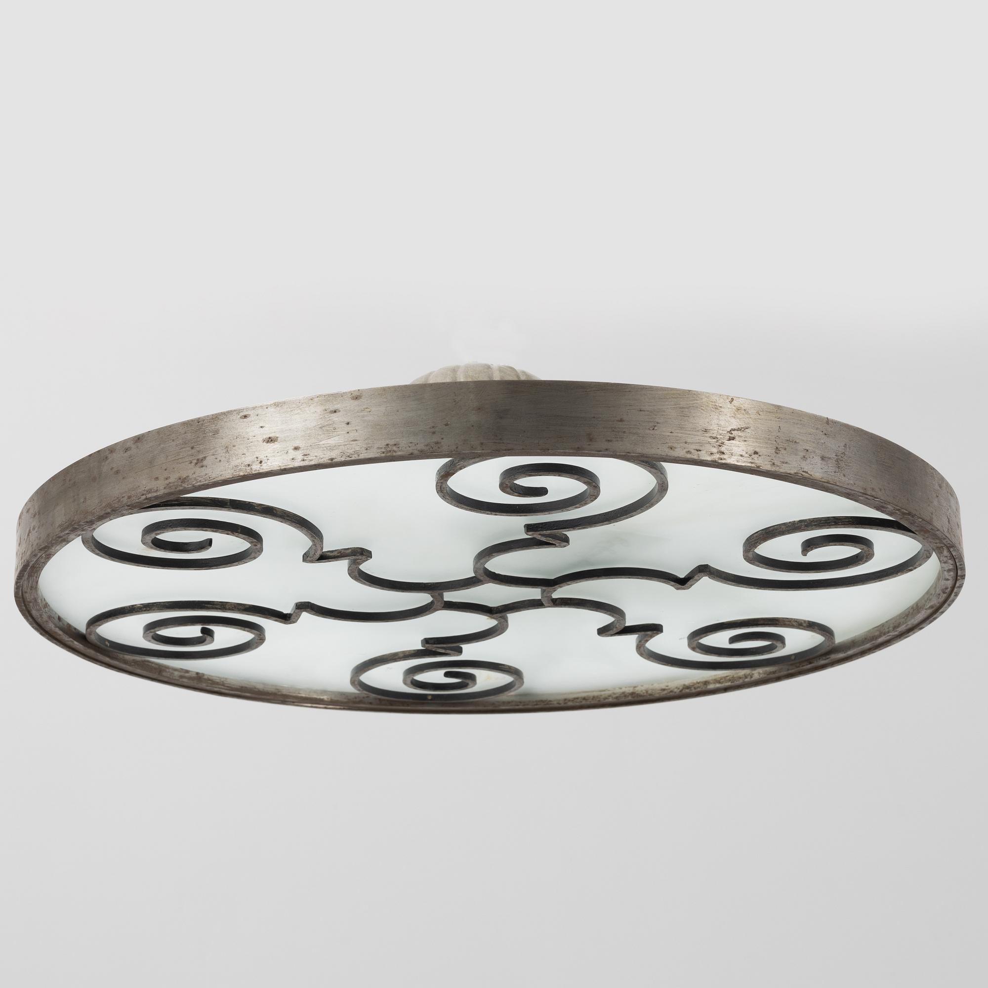 Lars Holmström, a Swedish Grace brass and steel framed ceiling light, Arvika 1920-30s.