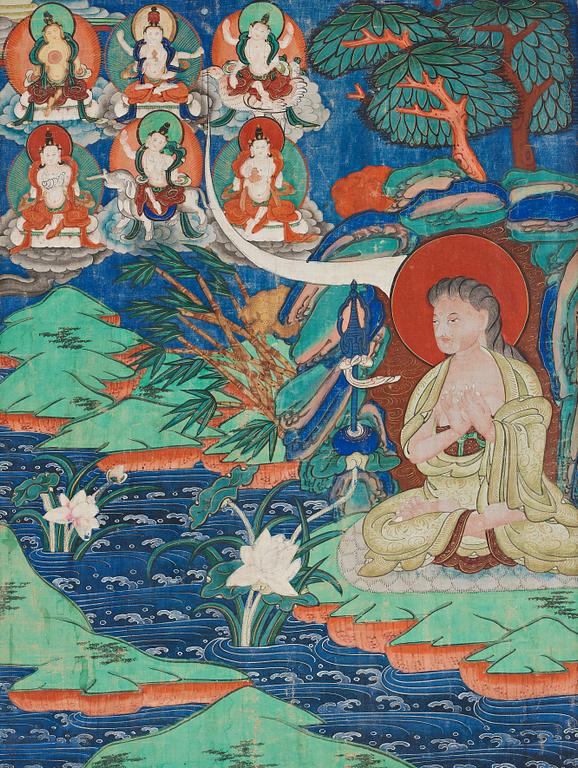 THANGKA, blandteknik på duk. Tibet, omkring 1900.